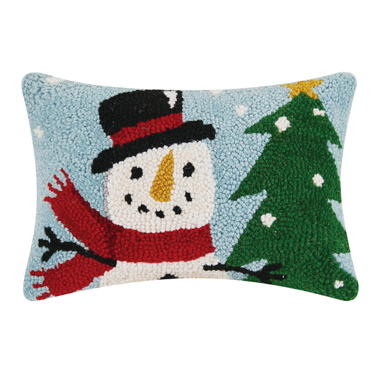 throw pillow with a snowman and a christmass tree