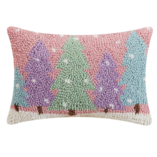 multi colored trees with a pink sky throw pillow