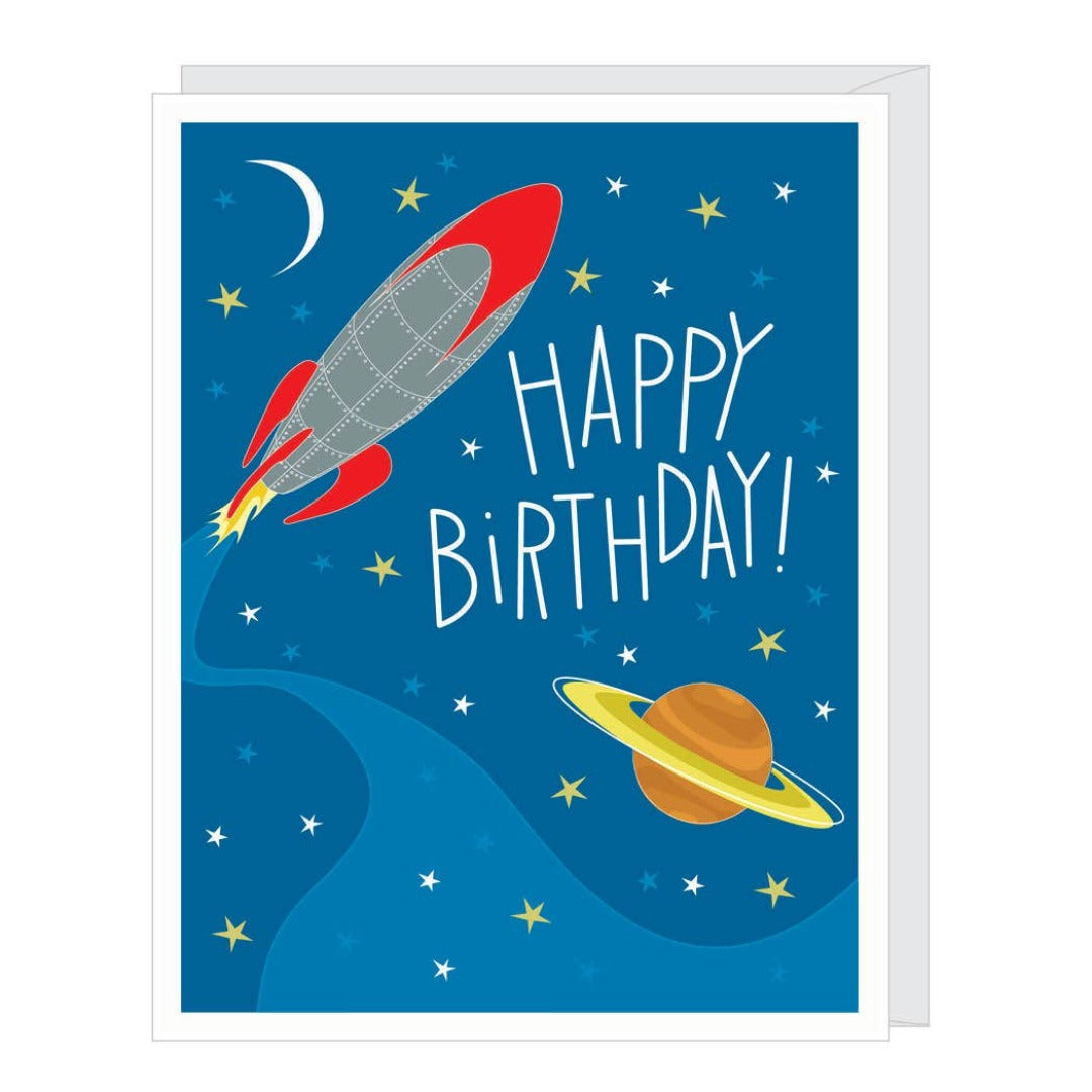 Blue greeting card with a rocket and planet in a space scene