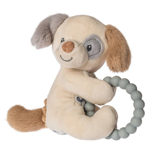 Beige, gray, and brown puppy teether with rattle