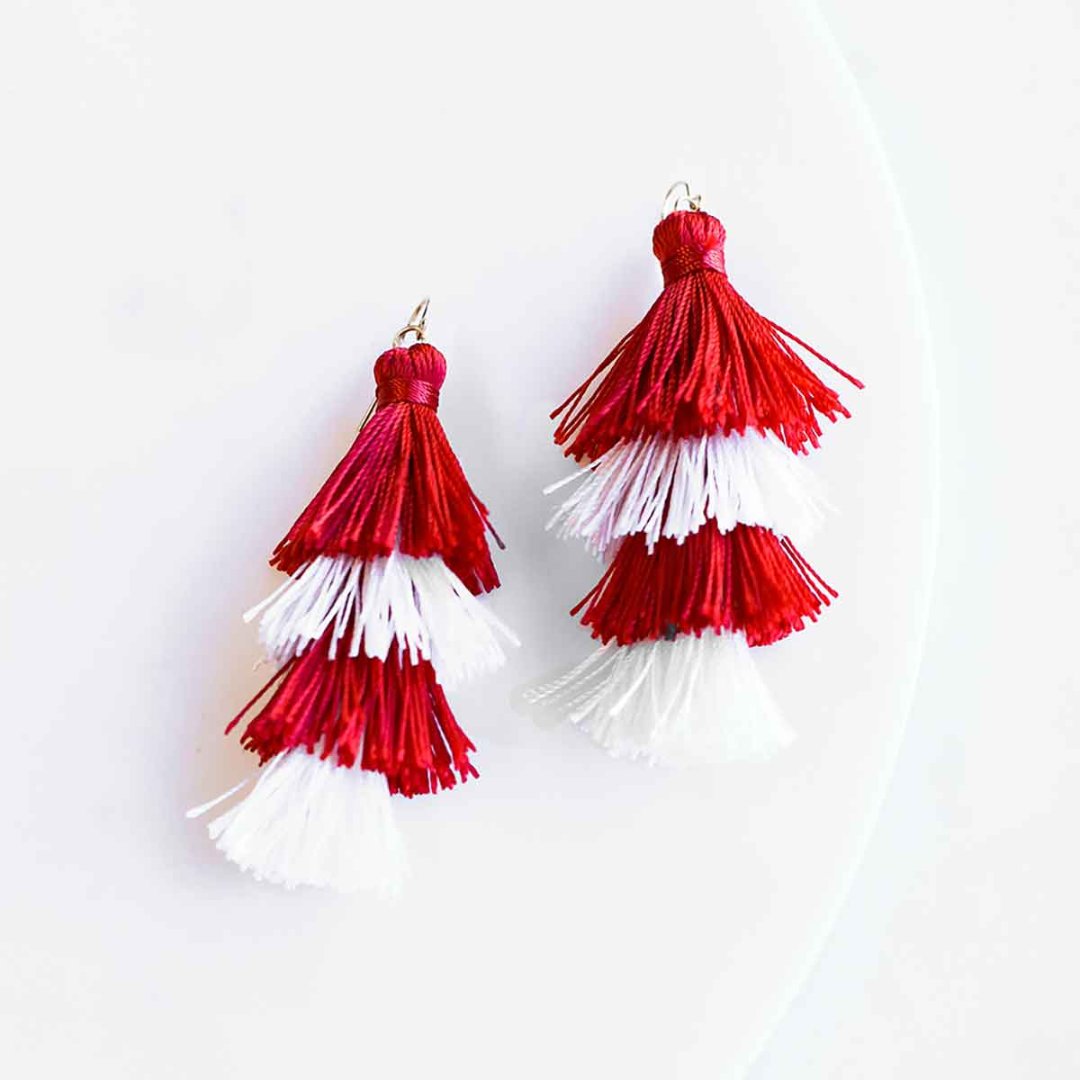 red and white tassel earrings