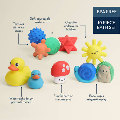 gift set of 10 itzy bath toys including ducks, animals, and shapes