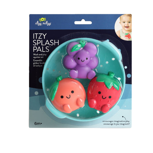 bath toys consisting of 3 fruit shaped friends and a bowl with holes in it