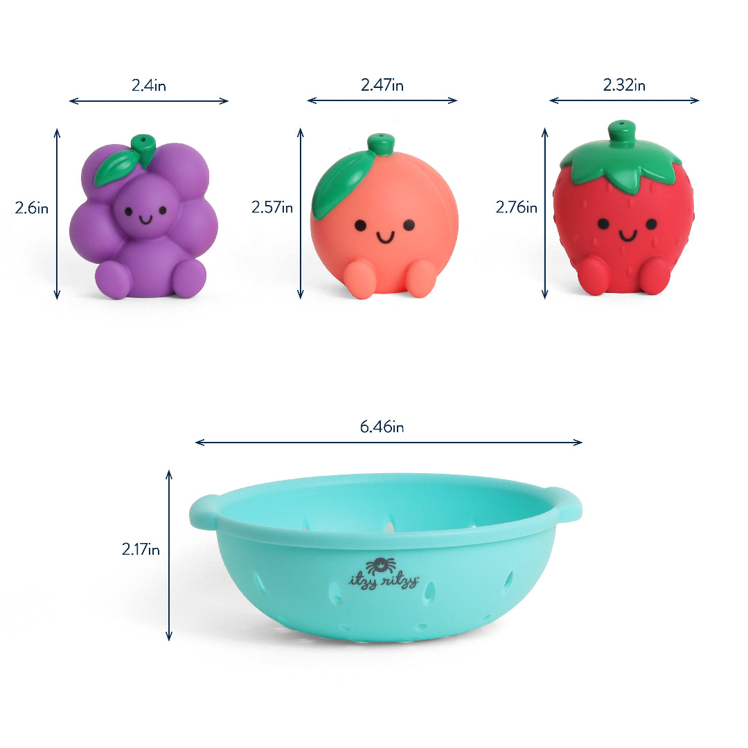 bath toys consisting of 3 fruit shaped friends and a bowl with holes in it