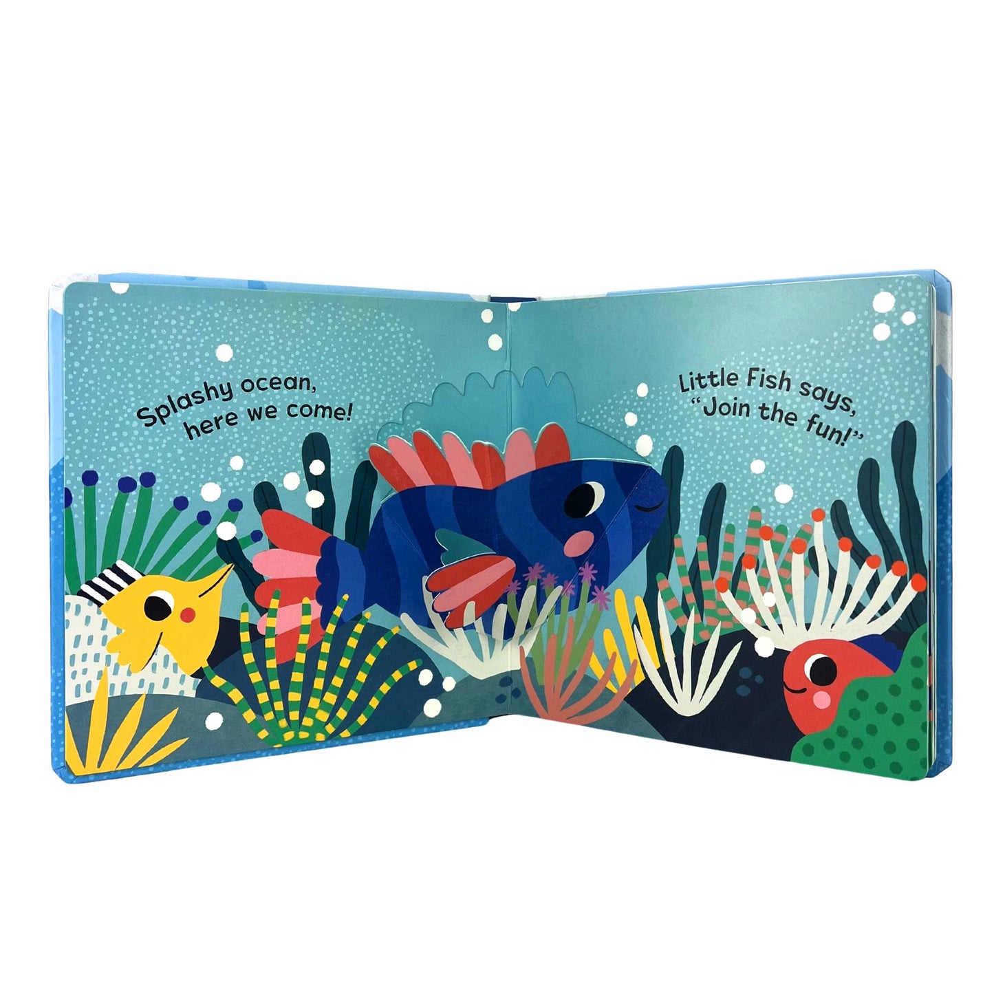 Open book with colorful underwater scene featuring fish and sea plants.