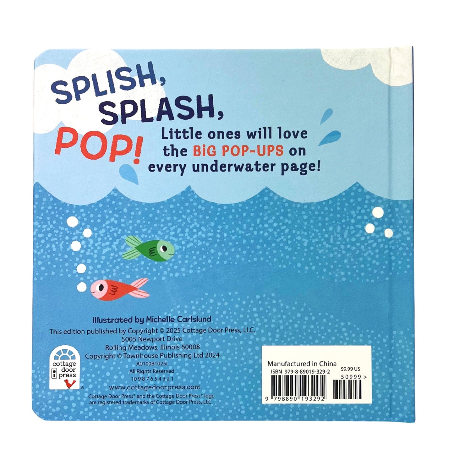 Back cover of a children's book with underwater theme and fish illustrations.