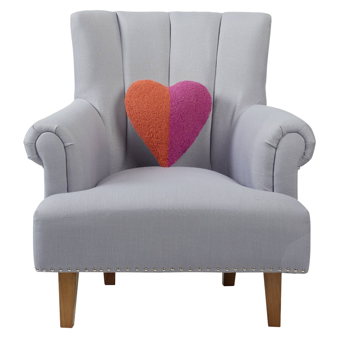 heart shaped hook pillow thats half orange and half pink