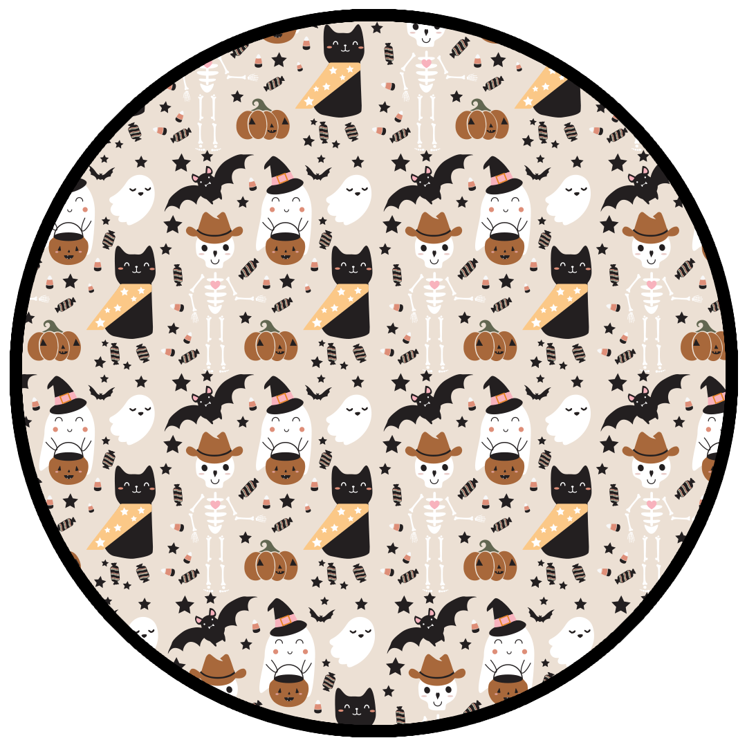 the "spooky cute beige" print is a halloween themed pattern that contains cute versions go ghost, skeletons, black cats, candy treats, bats, and pumpkins. 