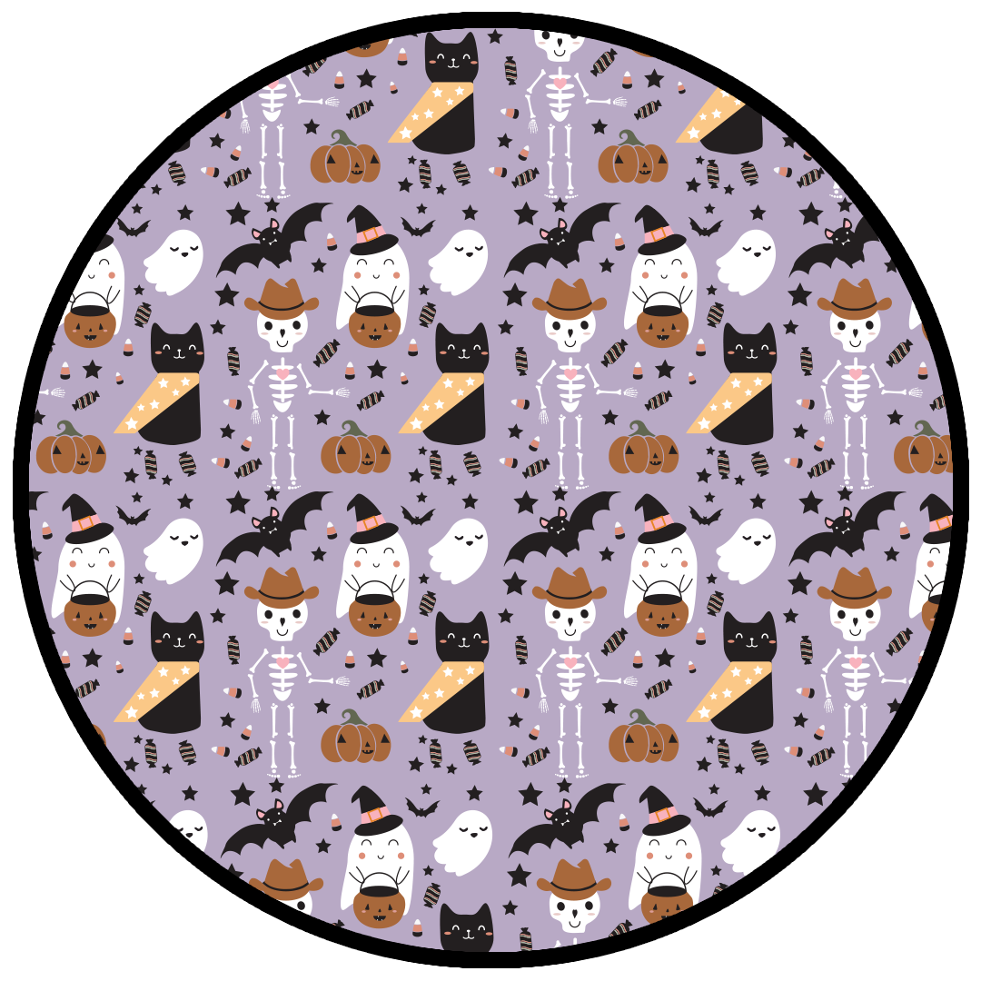 the "spooky cute purple" print is a halloween themed pattern that contains cute versions go ghost, skeletons, black cats, candy treats, bats, and pumpkins. 