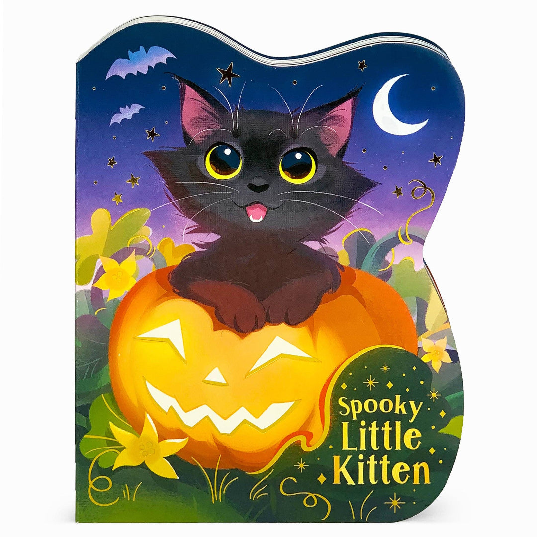 a board book called spooky little kitten with a kitten inside a jack-a-lantern on the cover