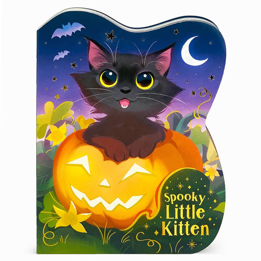 a board book called spooky little kitten with a kitten inside a jack-a-lantern on the cover