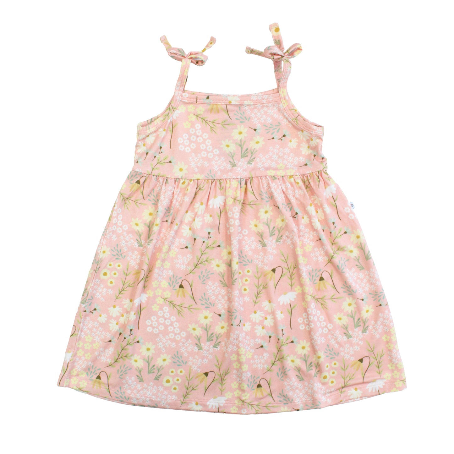 Pink floral dress with thin straps on a white background