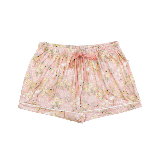 Floral patterned shorts with a drawstring on a white background