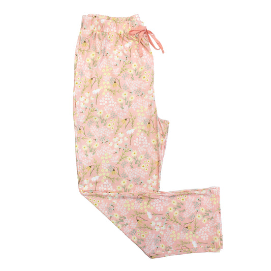Floral patterned pajama pants on a white background