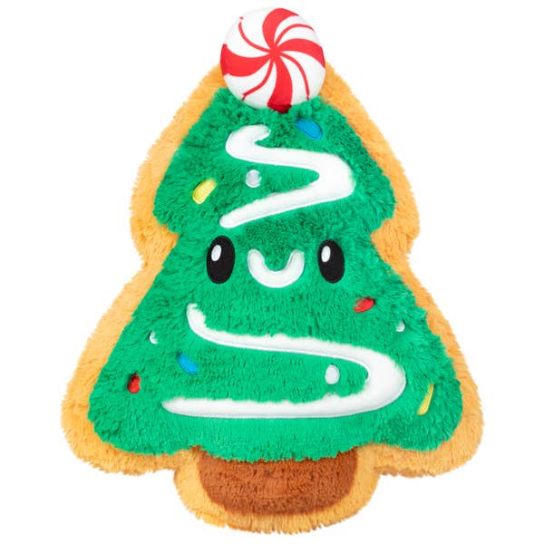 Plush toy shaped like a Christmas tree with a peppermint candy on top, on a white background.