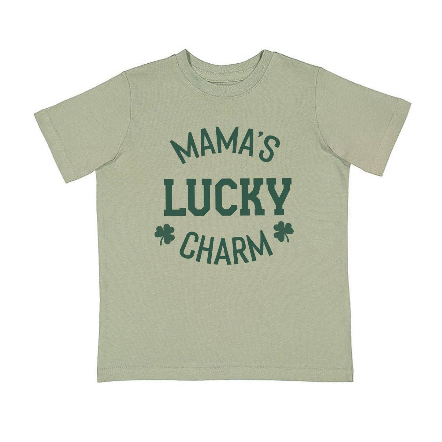 Green t-shirt with 'Mama's Lucky Charm' text on a white background
