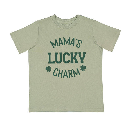 Green t-shirt with 'Mama's Lucky Charm' text on a white background