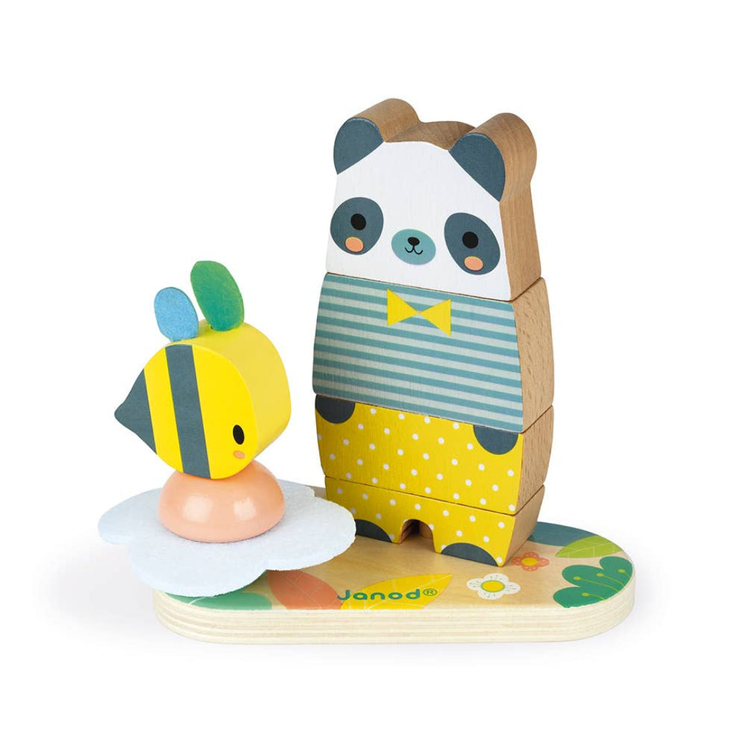 stackable wooden blocks shaped like a bear with a bumblebee