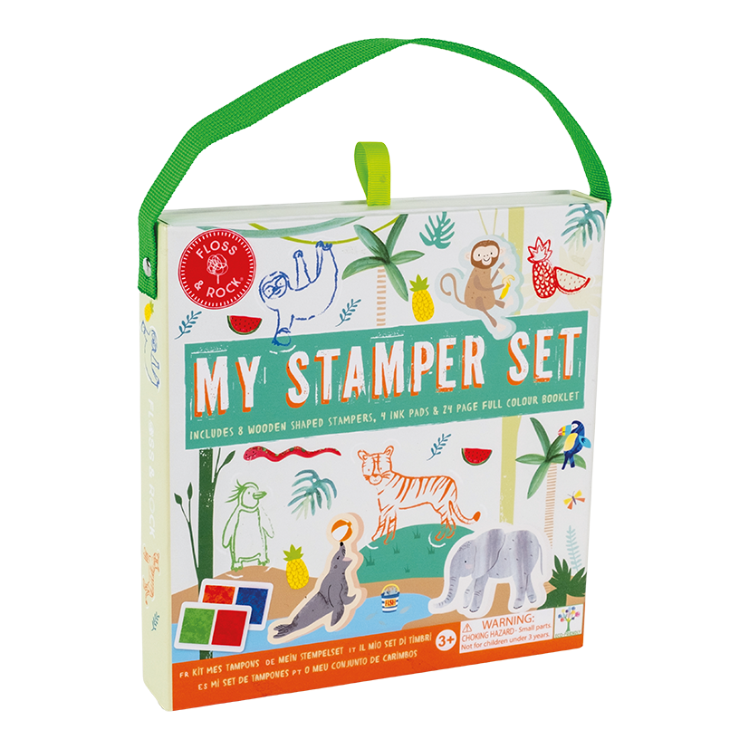 Children's stamp set packaging with illustrations and green handle