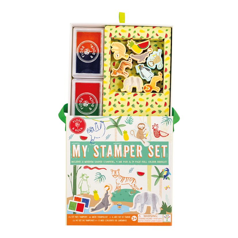 Children's stamp set with animal designs in a colorful box on a white background