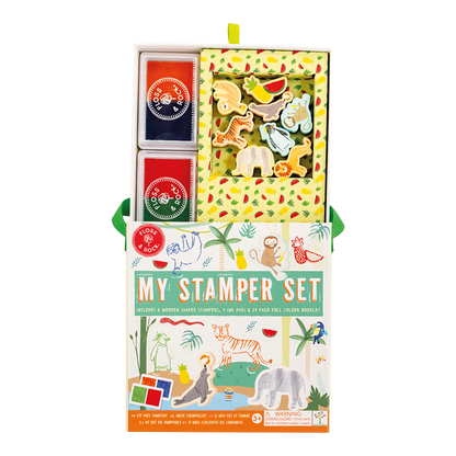 Children's stamp set with animal designs in a colorful box on a white background