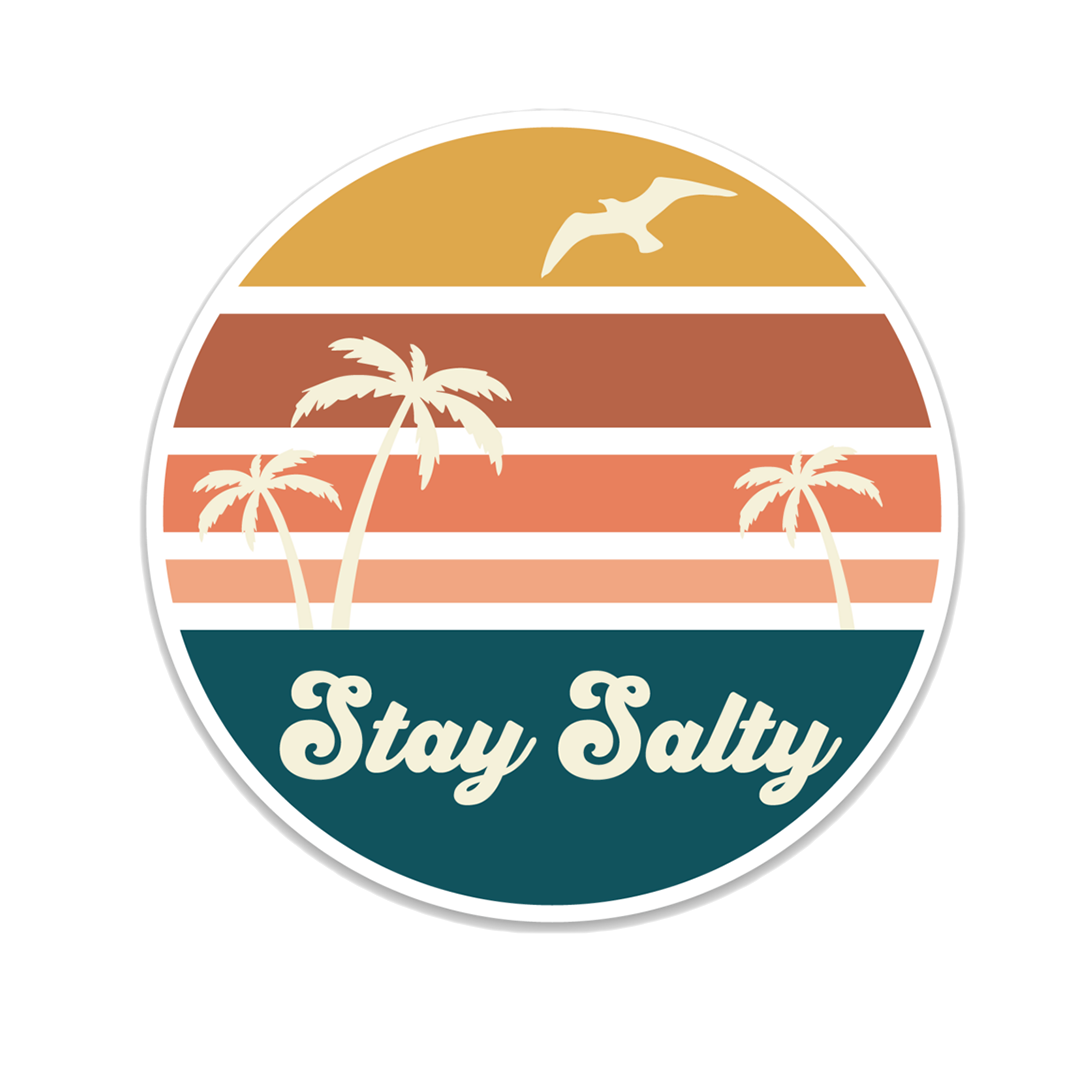 stay salty beach sticker with palm tree and a seagull. there is an ombre of colors in blue, pink, peach, red, and yellow