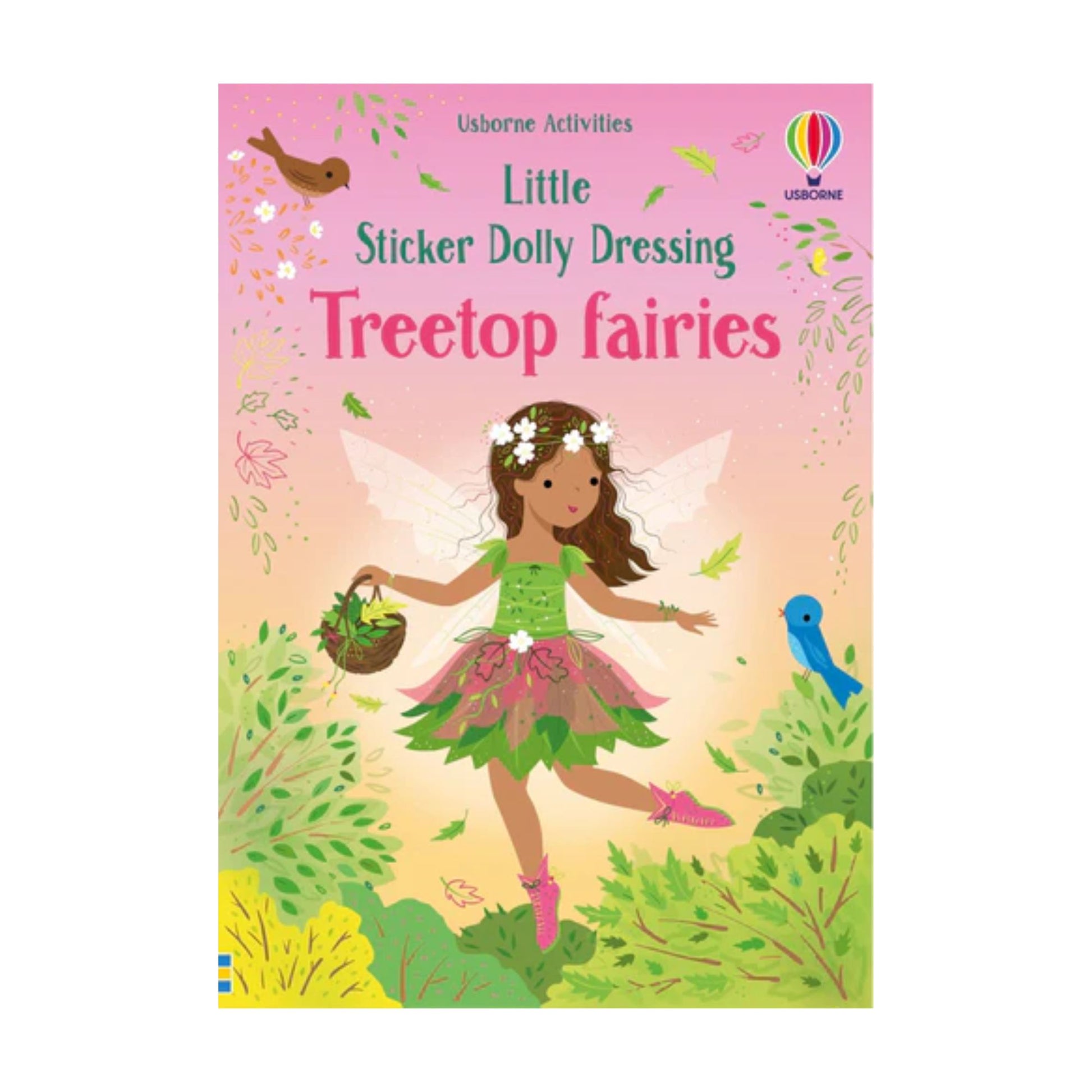 Book cover of 'Little Sticker Dolly Dressing Treetop fairies' with a fairy illustration on a pink background.