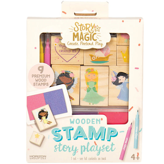 Story Magic wooden stamp story playset packaging with illustrations of children and stamps.