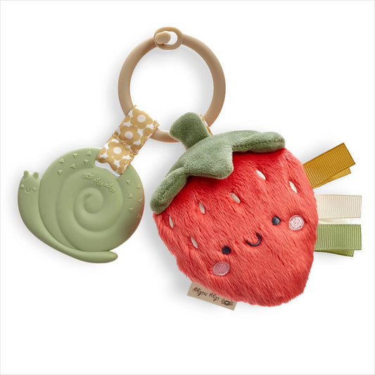 Baby teether with a plush strawberry attached and a silicone snail 