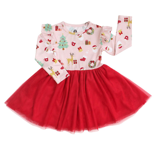 Flat lay of Sugar Plum bamboo tulle dress with festive holiday print top and red layered skirt, perfect for twirling.