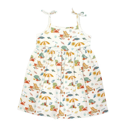 the "beach day" bamboo sundress. the "beach days" print is a scattered print of beach umbrellas, beach balls, sand buckets and shovels, coral, shells, beach chairs, seagulls, flipflops, and sunglass mixed in a orderly and creative way. 