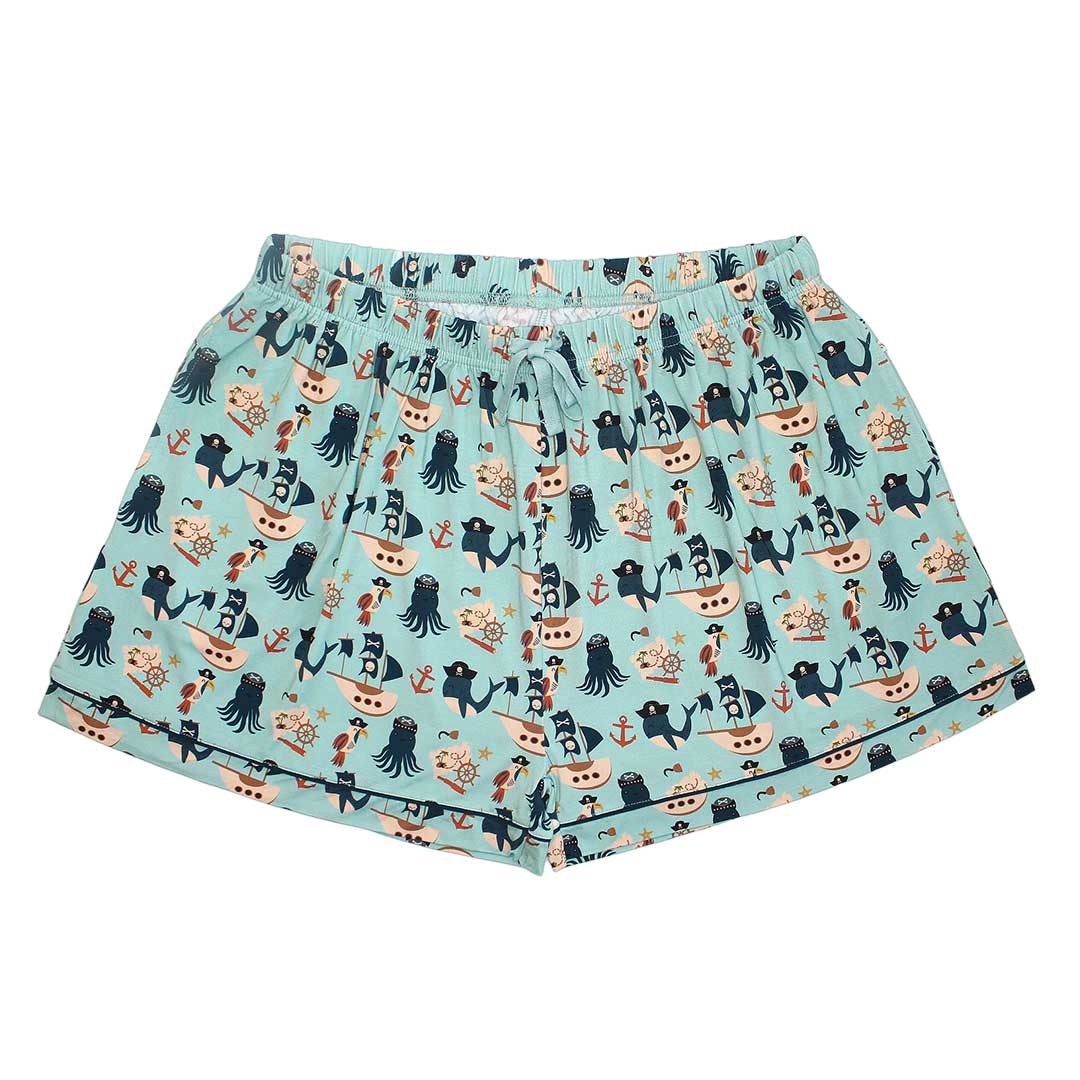 the "pirate's life" women's shorts. the "pirate's life" print is a mix of octopus, whales, and seagulls all wearing pirate hats. there are also anchors, pirate ships, treasure maps, and starfish mixed into the pattern. this is all displayed on a teal background. 