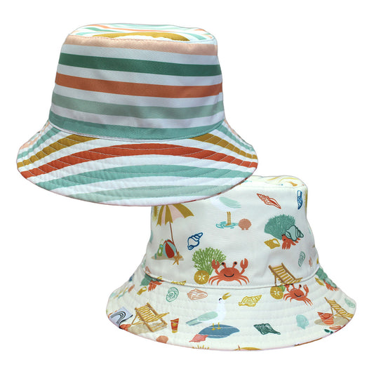 the 2 versions of the reversible "beach day" bucket hats. the "beach days" print is a scattered print of beach umbrellas, beach balls, sand buckets and shovels, coral, shells, beach chairs, seagulls, flipflops, and sunglass mixed in a orderly and creative way. the other reversible version of this hat is a mix of horizontal lines in peach, red, teal, blue, and yellow. 