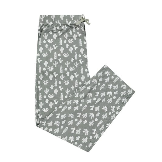 the "stay sharp" relaxed pants. the "stay sharp" print is a variety of different white cacti on a greyish/green background. 