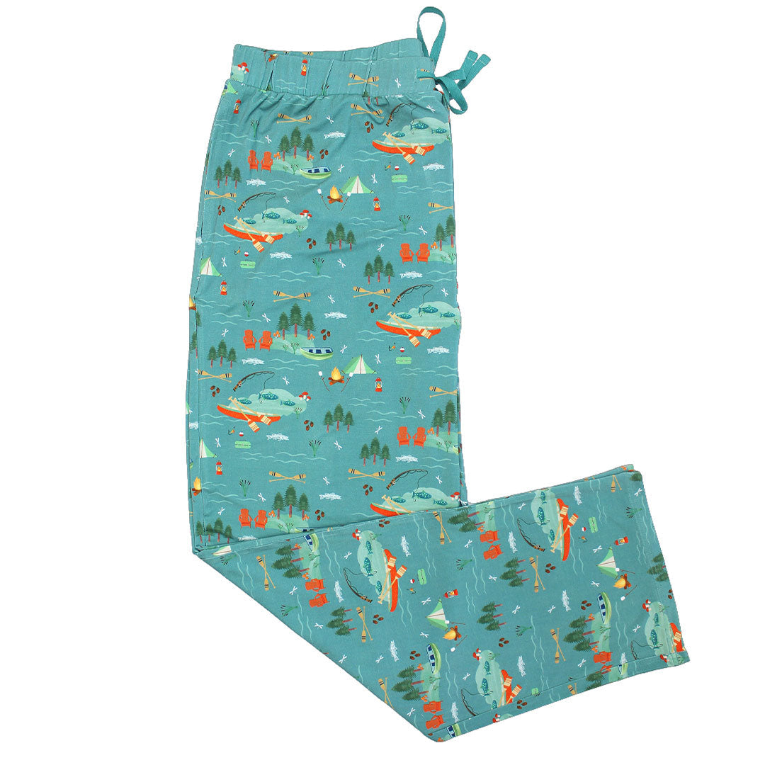 the "jump in the lake" relaxed pants. the "jump in the lake" pattern is a print to capture the day in the life on a lake. you can fine fishing poles, tents, camp fires, adirondack chairs, marsh mellows, ores, canoes, forest trees, and different types of fish and fishing gear.