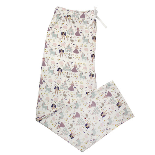 the "once upon a time" relaxed pants. the "once upon a time" print is a mix of pinks, purples, whites, blues, and yellows. you can see fairy princess and regular princess, unicorns, swans, and castles. theres also hearts, stars and sparkles scattered around the print. 