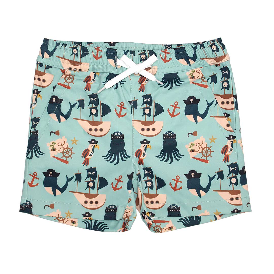 the "pirate's life" swim trunks. the "pirate's life" print is a mix of octopus, whales, and seagulls all wearing pirate hats. there are also anchors, pirate ships, treasure maps, and starfish mixed into the pattern. this is all displayed on a teal background. 