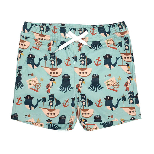 the "pirate's life" swim trunks. the "pirate's life" print is a mix of octopus, whales, and seagulls all wearing pirate hats. there are also anchors, pirate ships, treasure maps, and starfish mixed into the pattern. this is all displayed on a teal background. 