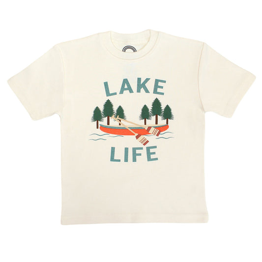 the "lake life" cotton tee. this design says the phrase "lake life" and has a canoe, ores, oak trees, and some lake waves. 
