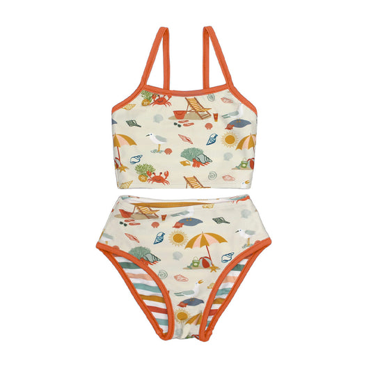 the "beach days" reversible bikini. the "beach days" print is a scattered print of beach umbrellas, beach balls, sand buckets and shovels, coral, shells, beach chairs, seagulls, flipflops, and sunglass mixed in a orderly and creative way. 