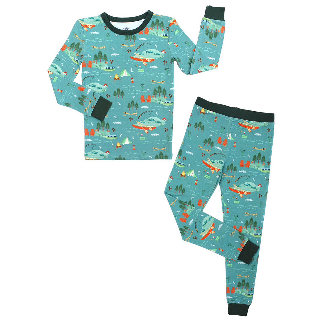 the "jump in the lake" matching pajama set. the "jump in the lake" pattern is a print to capture the day in the life on a lake. you can fine fishing poles, tents, camp fires, adirondack chairs, marsh mellows, ores, canoes, forest trees, and different types of fish and fishing gear.