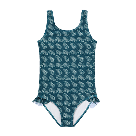 the "palms in paradise" one piece swimsuit. the "palms in paradise" print is a pretty dark ocean blue background with palms in a lighter blue spread out along the print.