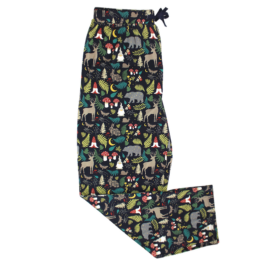 the "night forest" relaxed pants. the "night forest" print is a night time themed design. you can see an array of forest animals ranging from, deer, bears, bunnies, birds, forest trees and leaves, flowers, and mushrooms. there are also starts and moons scattered around to enhance the night time atmosphere. 