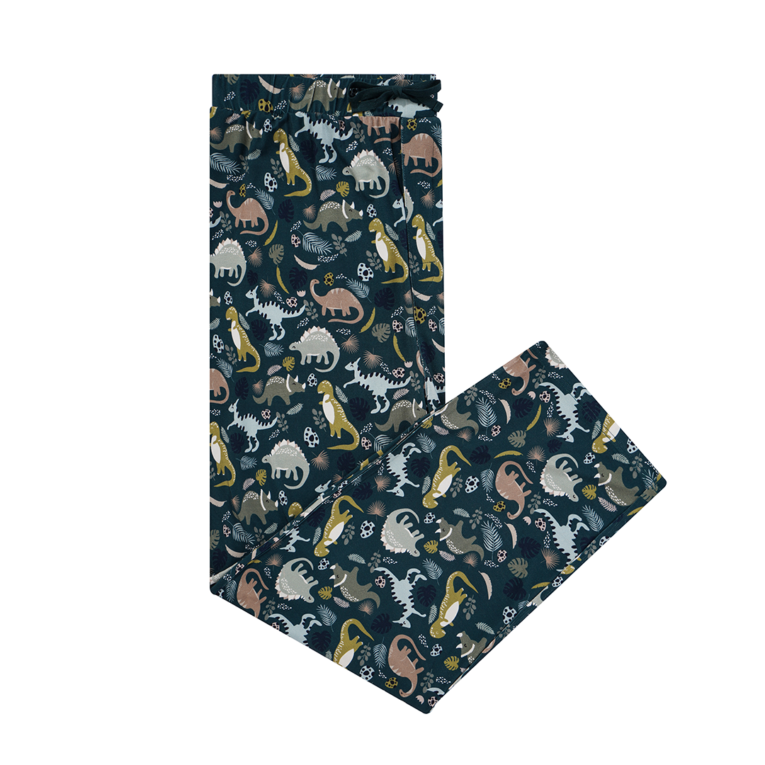 the "prehistoric friends" relaxed pants. the "prehistoric friends" print is a mix of cute dinosaurs, eggs, and branches, all scattered on a dark green background.