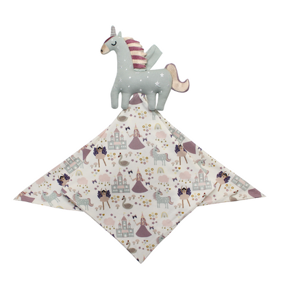 the "once upon a time" lovey. there is a unicorn attached to the tiop. the "once upon a time" print is a mix of pinks, purples, whites, blues, and yellows. you can see fairy princess and regular princess, unicorns, swans, and castles. theres also hearts, stars and sparkles scattered around the print. 