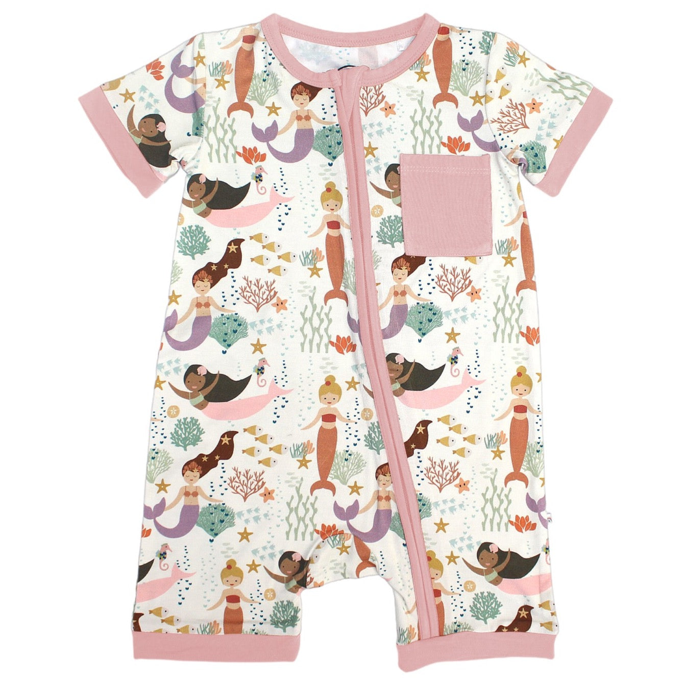 the "making waves" bamboo baby converitble. the "making waves" print has a diverse spread of mermaids, sea coral, starfish, fish, and bubbles all spread out in different colors. this is all put on a beige background.