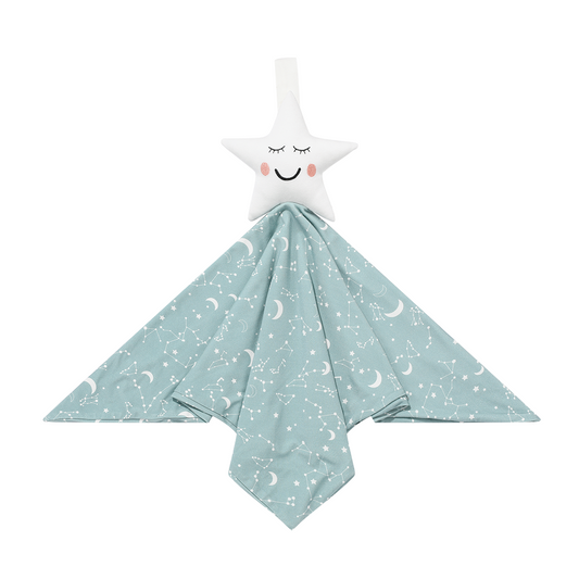 the "stargazer" lovey. the "stargazer" print is a baby blue background with a mix of moons, constellations, and stars.