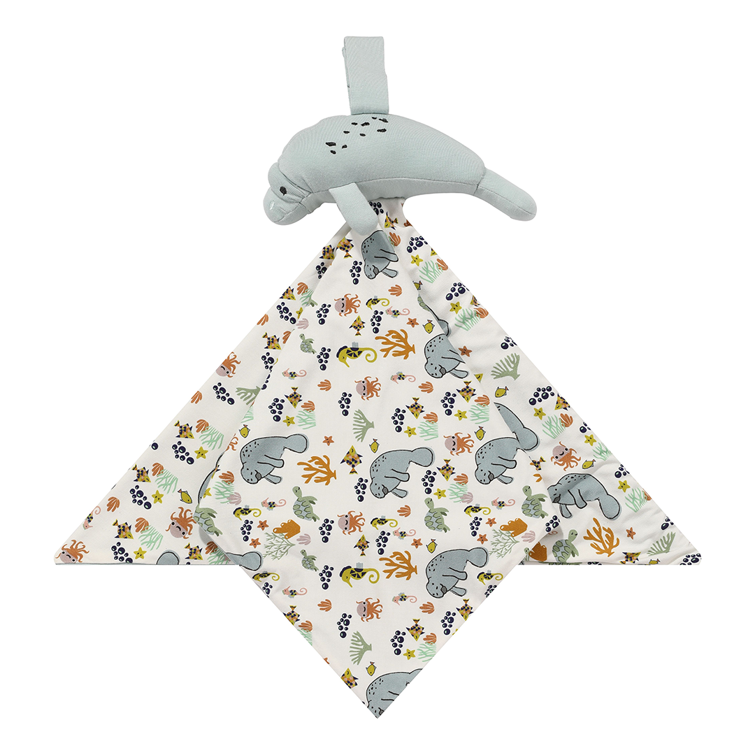 the "manatee" lovey is a blanket with the "manatee" print and a manatee attached to the top of it. the print "manatee" unites the florida sea life in a majestic print. there is a variation of florida manatees, yellow and pink sea horses, yellow and pink starfish, bubbles, turtles, and coral patterned across a white background