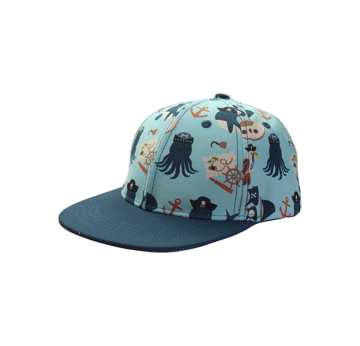 the "pirate's life" snapback hate. with the pirate's life print on the bowl and navy blue on the lip of the hat. the "pirate's life" print is a mix of octopus, whales, and seagulls all wearing pirate hats. there are also anchors, pirate ships, treasure maps, and starfish mixed into the pattern. this is all displayed on a teal background. 