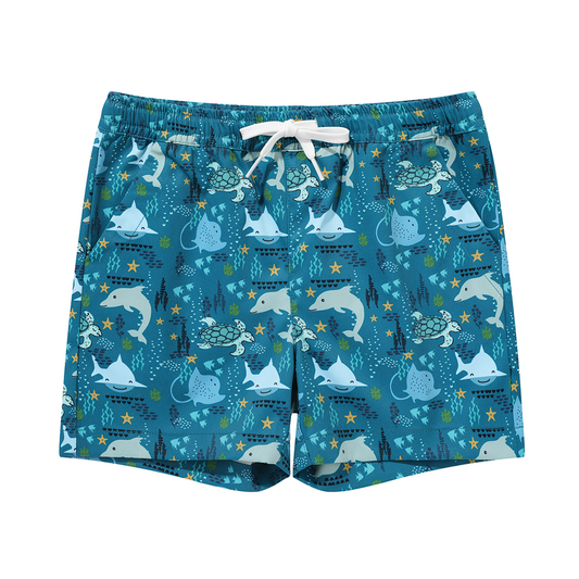 the "ocean friends" boy swim trunks. the "ocean friends" print is a combination of dolphins, stingrays, fish, starfish, coral, bubbles, and sharks, all spread out on a deep sea blue background. 